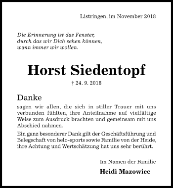 Traueranzeige von Horst Siedentopf von Hildesheimer Allgemeine Zeitung