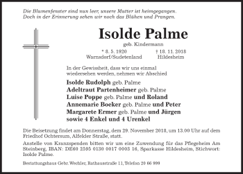 Traueranzeige von Isolde Palme von Hildesheimer Allgemeine Zeitung