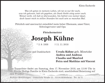 Traueranzeige von Joseph Kühne von Hildesheimer Allgemeine Zeitung