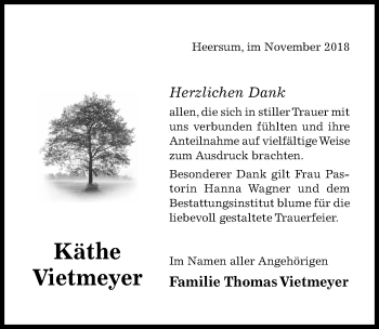 Traueranzeige von Käthe Vietmeyer von Hildesheimer Allgemeine Zeitung