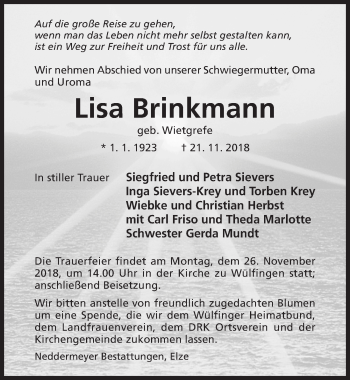 Traueranzeige von Lisa Brinkmann von Hildesheimer Allgemeine Zeitung