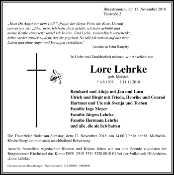 Traueranzeige von Lore Lehrke von Hildesheimer Allgemeine Zeitung