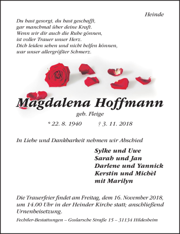 Traueranzeige von Magdalena Hoffmann von Hildesheimer Allgemeine Zeitung