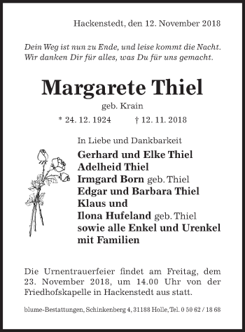 Traueranzeige von Margarete Thiel von Hildesheimer Allgemeine Zeitung