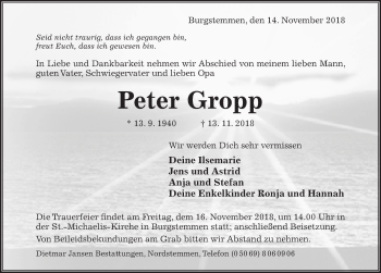 Traueranzeige von Peter Gropp von Hildesheimer Allgemeine Zeitung