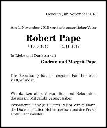 Traueranzeige von Robert Pape von Hildesheimer Allgemeine Zeitung