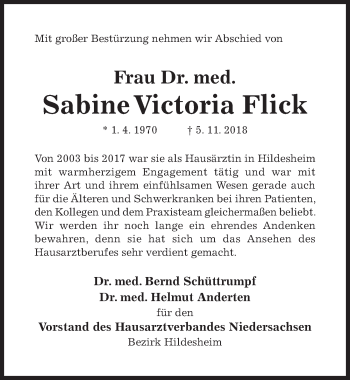 Traueranzeige von Sabine Victoria Flick von Hildesheimer Allgemeine Zeitung