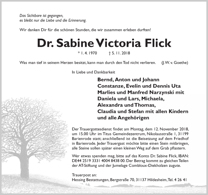  Traueranzeige für Sabine Victoria Flick vom 07.11.2018 aus Hildesheimer Allgemeine Zeitung