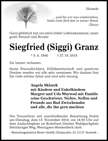 Traueranzeige von Siegfried Granz von Hildesheimer Allgemeine Zeitung