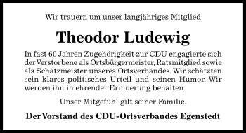 Traueranzeige von Theodor Ludewig von Hildesheimer Allgemeine Zeitung