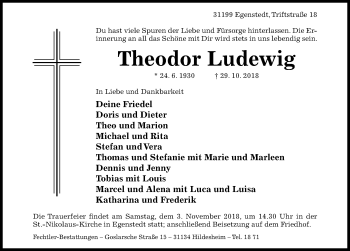 Traueranzeige von Theodor Ludewig von Hildesheimer Allgemeine Zeitung