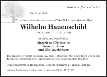 Traueranzeige von Wilhelm Hauenschild von Hildesheimer Allgemeine Zeitung