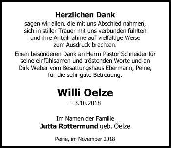 Traueranzeige von Willi Oelze von Hildesheimer Allgemeine Zeitung