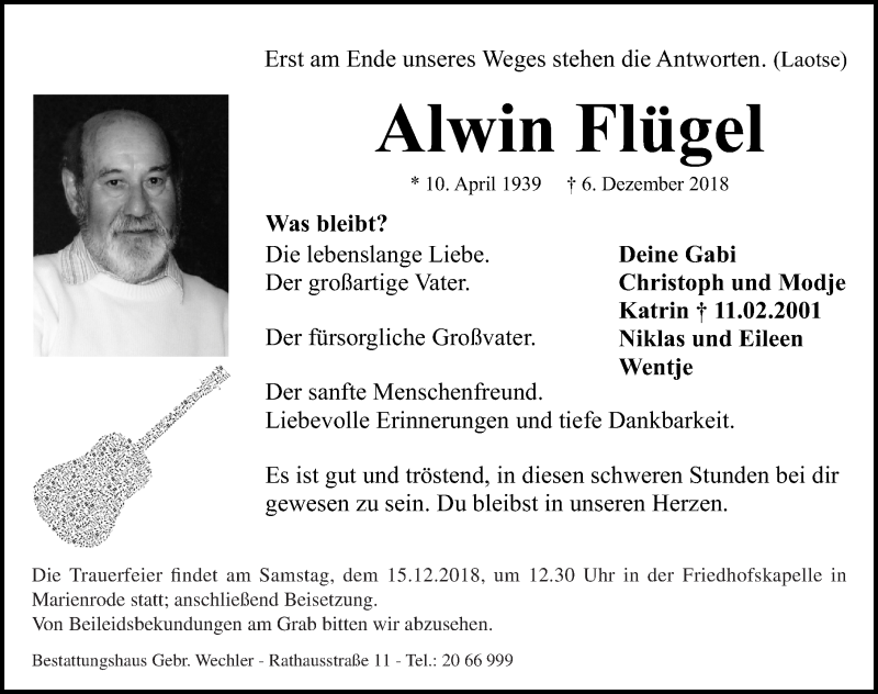  Traueranzeige für Alwin Flügel vom 11.12.2018 aus Hildesheimer Allgemeine Zeitung