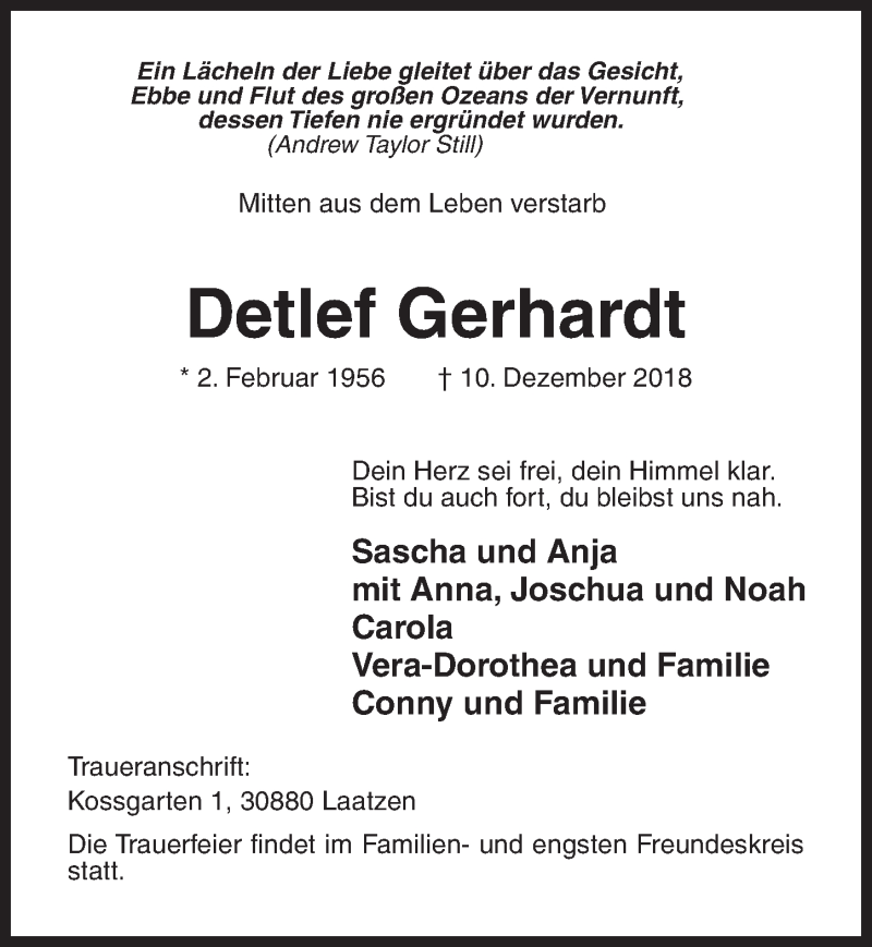  Traueranzeige für Detlef Gerhardt vom 19.12.2018 aus Hildesheimer Allgemeine Zeitung