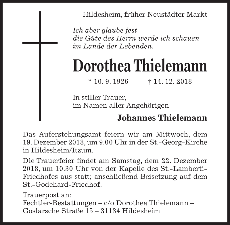  Traueranzeige für Dorothea Thielemann vom 18.12.2018 aus Hildesheimer Allgemeine Zeitung