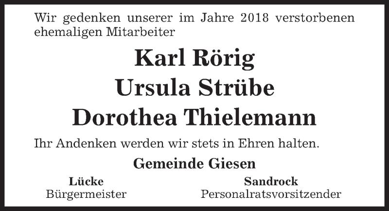  Traueranzeige für Dorothea Thielemann vom 29.12.2018 aus Hildesheimer Allgemeine Zeitung