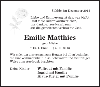 Traueranzeige von Emilie Matthies von Hildesheimer Allgemeine Zeitung