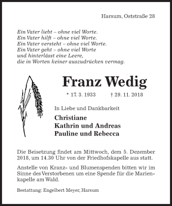 Traueranzeige von Franz Wedig von Hildesheimer Allgemeine Zeitung
