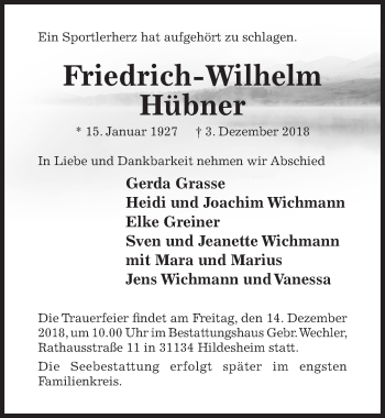 Traueranzeige von Friedrich-Wilhelm Hübner von Hildesheimer Allgemeine Zeitung