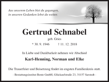Traueranzeige von Gertrud Schnabel von Hildesheimer Allgemeine Zeitung