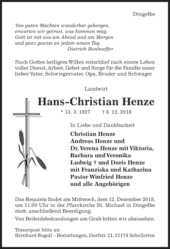 Traueranzeige von Hans-Christian Henze von Hildesheimer Allgemeine Zeitung