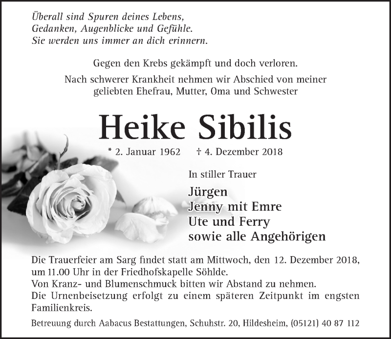  Traueranzeige für Heike Sibilis vom 08.12.2018 aus Hildesheimer Allgemeine Zeitung