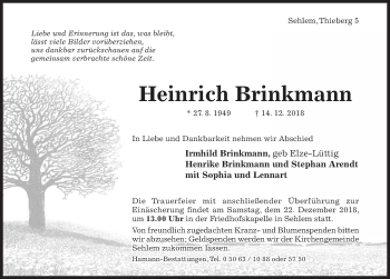 Traueranzeige von Heinrich Brinkmann von Hildesheimer Allgemeine Zeitung