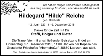 Traueranzeige von Hildegard Reiche von Hildesheimer Allgemeine Zeitung