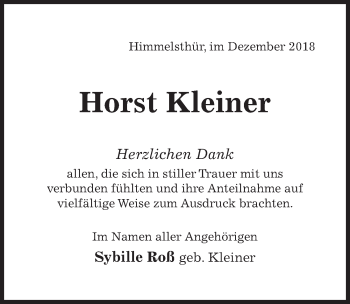 Traueranzeige von Horst Kleiner von Hildesheimer Allgemeine Zeitung