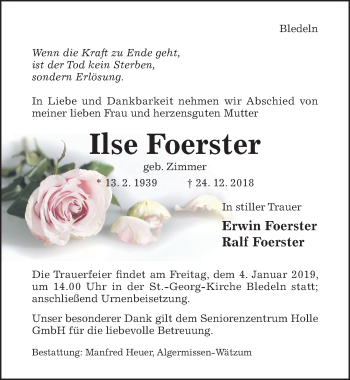 Traueranzeige von Ilse Foerster von Hildesheimer Allgemeine Zeitung