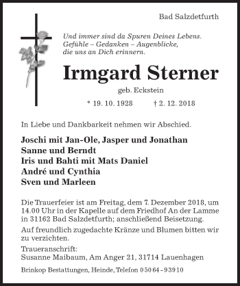 Traueranzeige von Irmgard Sterner von Hildesheimer Allgemeine Zeitung