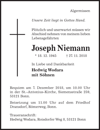 Traueranzeige von Joseph Niemann von Hildesheimer Allgemeine Zeitung