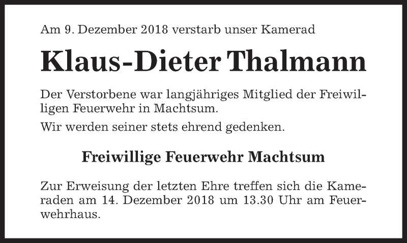  Traueranzeige für Klaus-Dieter Thalmann vom 11.12.2018 aus Hildesheimer Allgemeine Zeitung