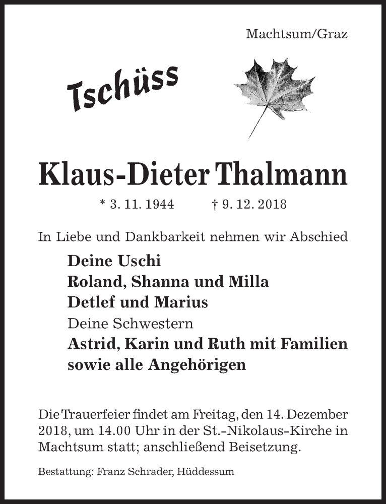  Traueranzeige für Klaus-Dieter Thalmann vom 11.12.2018 aus Hildesheimer Allgemeine Zeitung