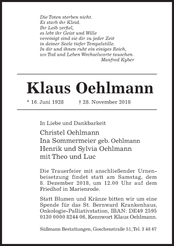 Traueranzeige von Klaus Oehlmann von Hildesheimer Allgemeine Zeitung