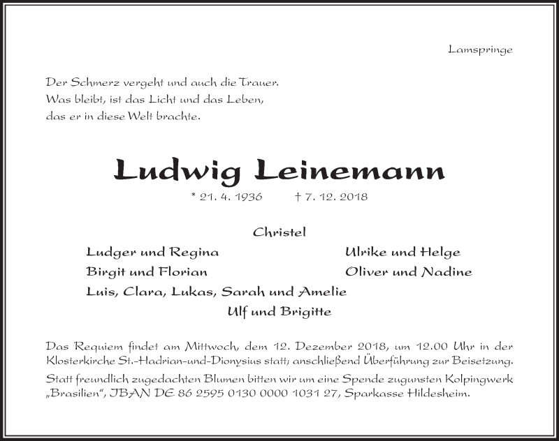  Traueranzeige für Ludwig Leinemann vom 10.12.2018 aus Hildesheimer Allgemeine Zeitung