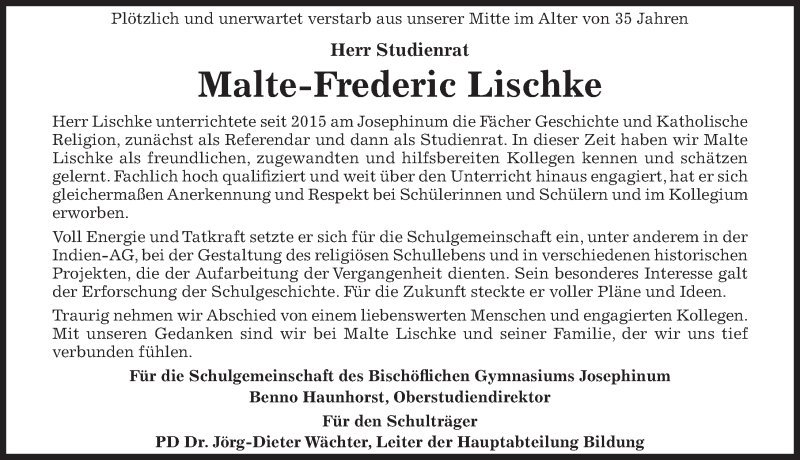  Traueranzeige für Malte-Frederic Lischke vom 15.12.2018 aus Hildesheimer Allgemeine Zeitung