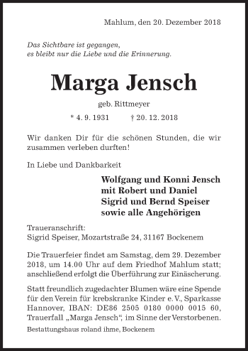 Traueranzeige von Marga Jensch von Hildesheimer Allgemeine Zeitung