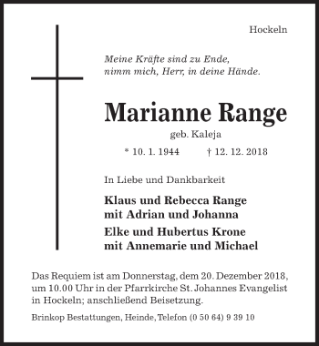 Traueranzeige von Marianne Range von Hildesheimer Allgemeine Zeitung