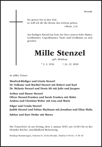 Traueranzeige von Mille Stenzel von Hildesheimer Allgemeine Zeitung