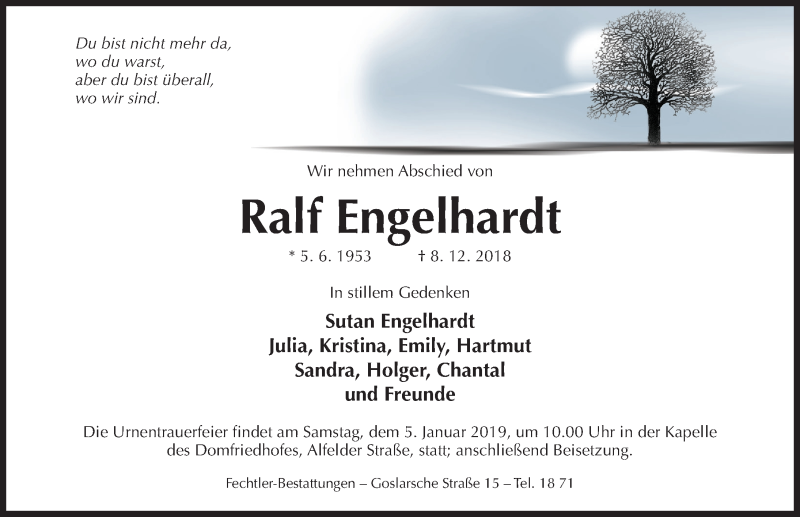  Traueranzeige für Ralf Engelhardt vom 29.12.2018 aus Hildesheimer Allgemeine Zeitung