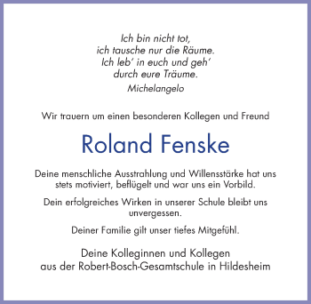 Traueranzeige von Roland Fenske von Hildesheimer Allgemeine Zeitung