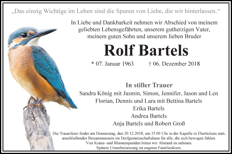  Traueranzeige für Rolf Bartels vom 15.12.2018 aus Hildesheimer Allgemeine Zeitung