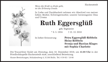 Traueranzeige von Ruth Eggersglüß von Hildesheimer Allgemeine Zeitung