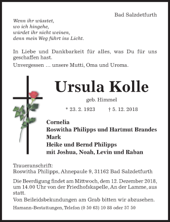 Traueranzeige von Ursula Kolle von Hildesheimer Allgemeine Zeitung