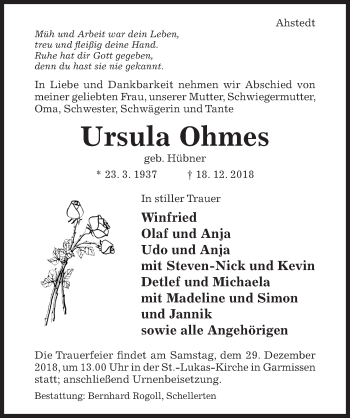 Traueranzeige von Ursula Ohmes von Hildesheimer Allgemeine Zeitung