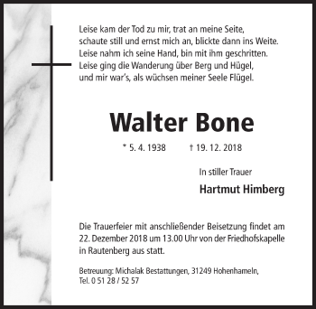 Traueranzeige von Walter Bone von Hildesheimer Allgemeine Zeitung