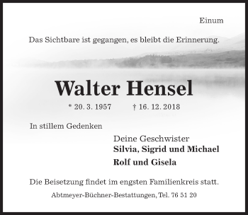 Traueranzeige von Walter Hensel von Hildesheimer Allgemeine Zeitung