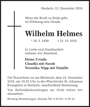 Traueranzeige von Wilhelm Helmes von Hildesheimer Allgemeine Zeitung